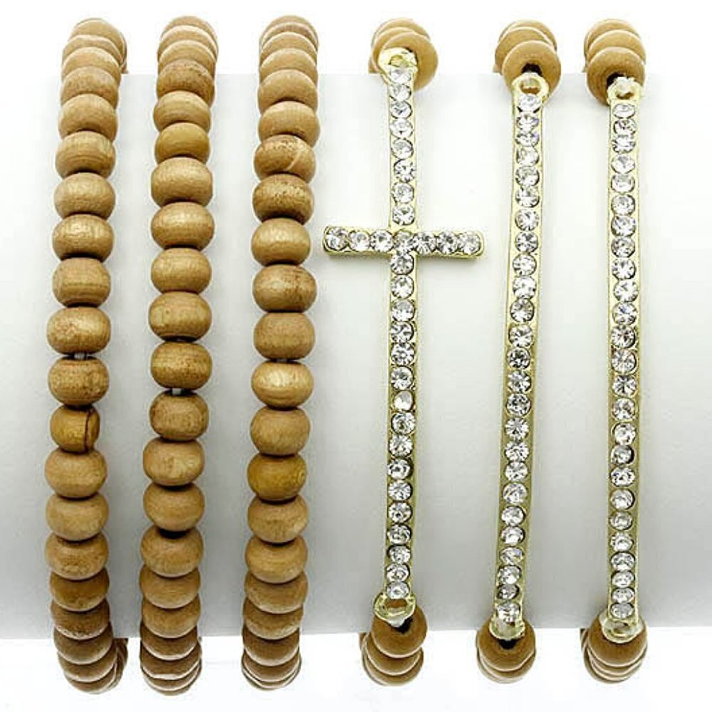 Clear Crystal Cross Accent Wood Beaded Stretch Bracelets Set of 6